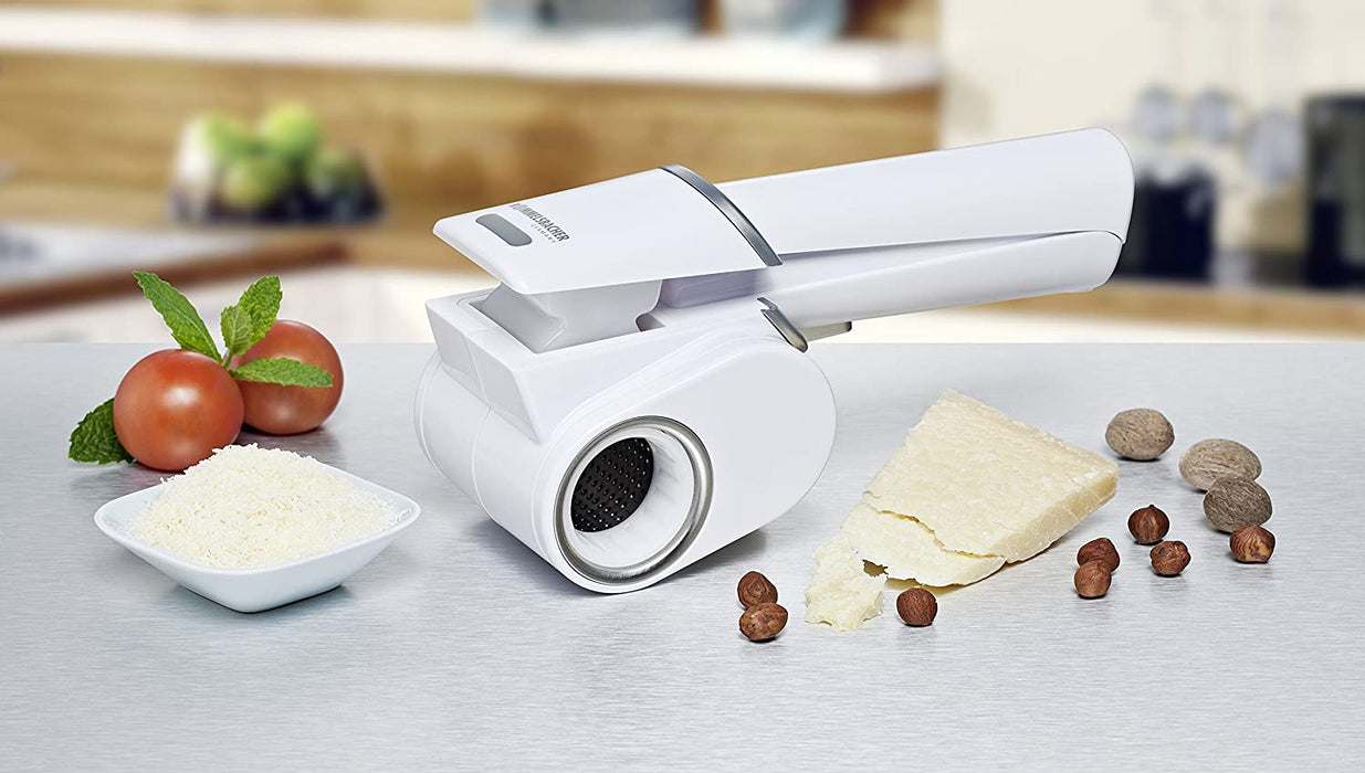 Multi Reibe MR 6 - herausnehmbare Reibetrommel aus Edelstahl, für Hartkäse, Nüsse, Schokolade & mehr, Power-Akku, weiß, 24,5 x 11,5 x 9 cm