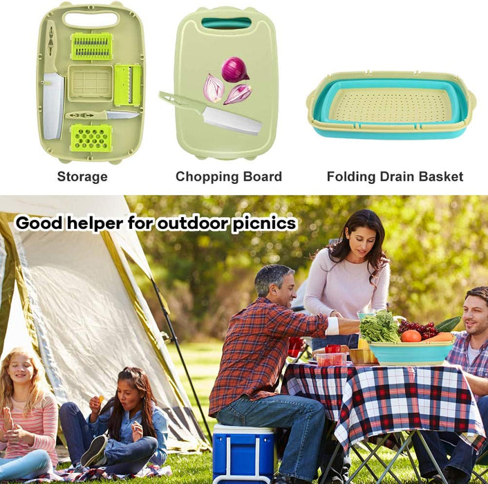 Multifunktions Schneidebrett Küche, 9 in 1 Faltbare Schneidebrett Kunststoff mit 5 Gemüseschneider Tragbares Schneidebrett Abflusskorb für Küche 