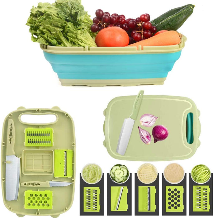 Multifunktions Schneidebrett Küche, 9 in 1 Faltbare Schneidebrett Kunststoff mit 5 Gemüseschneider Tragbares Schneidebrett Abflusskorb für Küche 