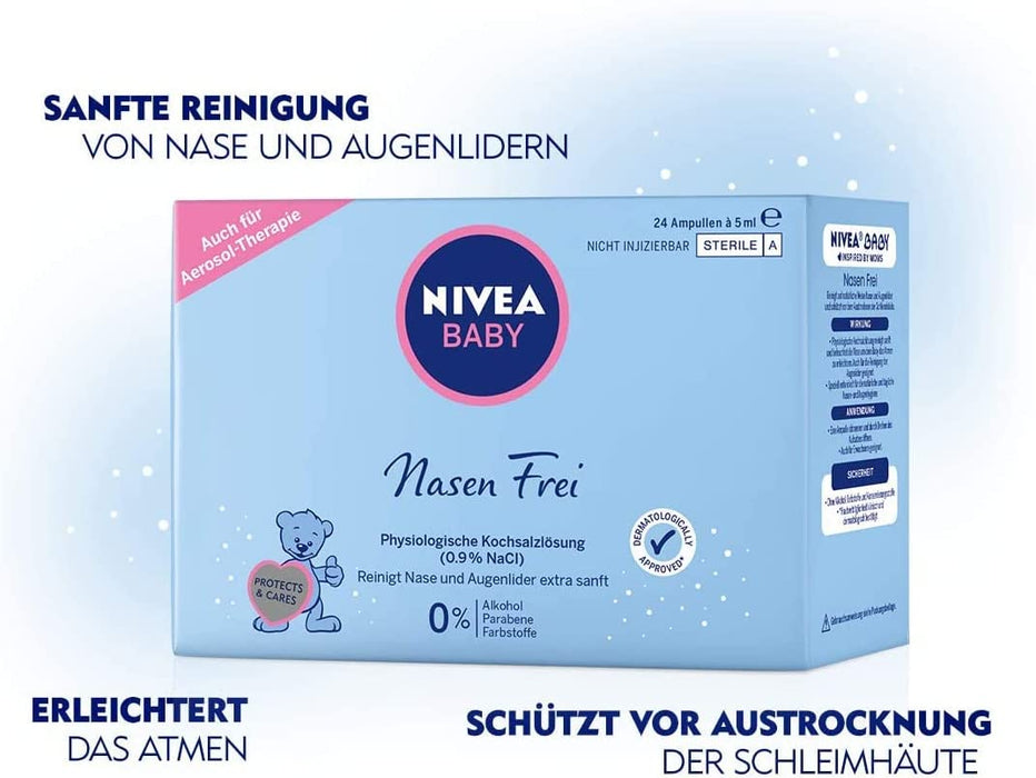 NIVEA BABY Nasen frei (24 Ampullen à 5 ml), Nasenpflege mit Kochsalzlösung reinigt Nase und Augenlider, befeuchtet die Nase und erleichtert das Atmen