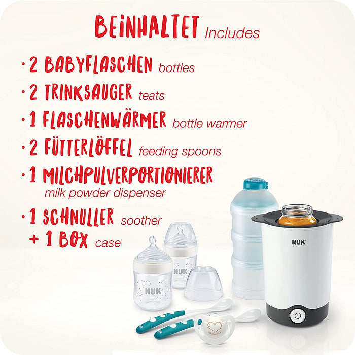 NUK Nature Sense Perfect Starter Babyflaschen Set | 2 (150 ml, 0-6M) Anti-Kolik Flasche mit Temperature Control Anzeige, Schnuller, Flaschenwärmer