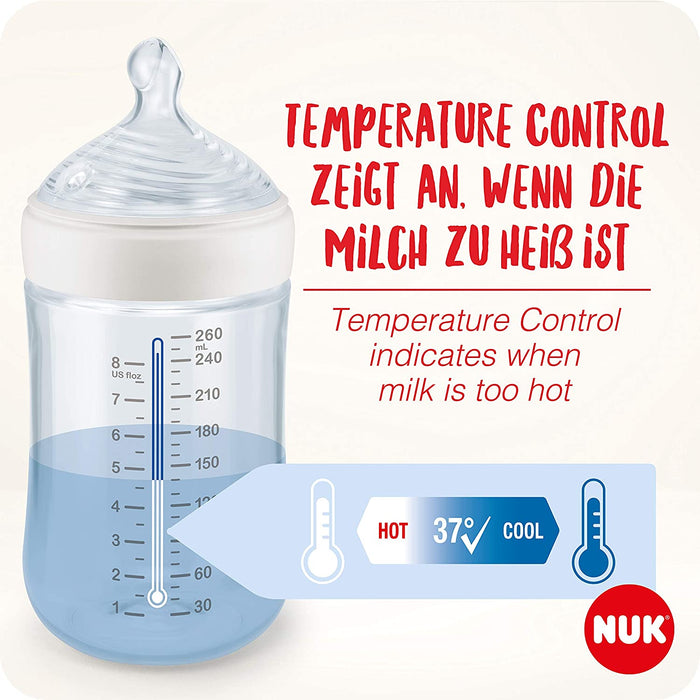 NUK Nature Sense Perfect Starter Babyflaschen Set | 2 (150 ml, 0-6M) Anti-Kolik Flasche mit Temperature Control Anzeige, Schnuller, Flaschenwärmer