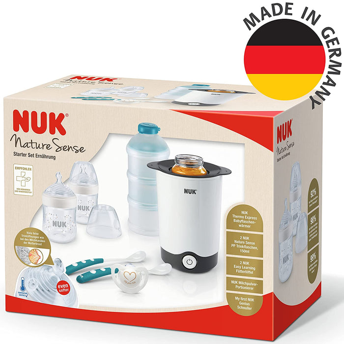 NUK Nature Sense Perfect Starter Babyflaschen Set | 2 (150 ml, 0-6M) Anti-Kolik Flasche mit Temperature Control Anzeige, Schnuller, Flaschenwärmer