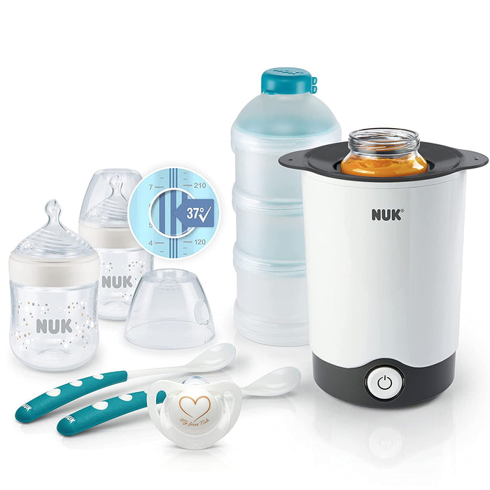 NUK Nature Sense Perfect Starter Babyflaschen Set | 2 (150 ml, 0-6M) Anti-Kolik Flasche mit Temperature Control Anzeige, Schnuller, Flaschenwärmer
