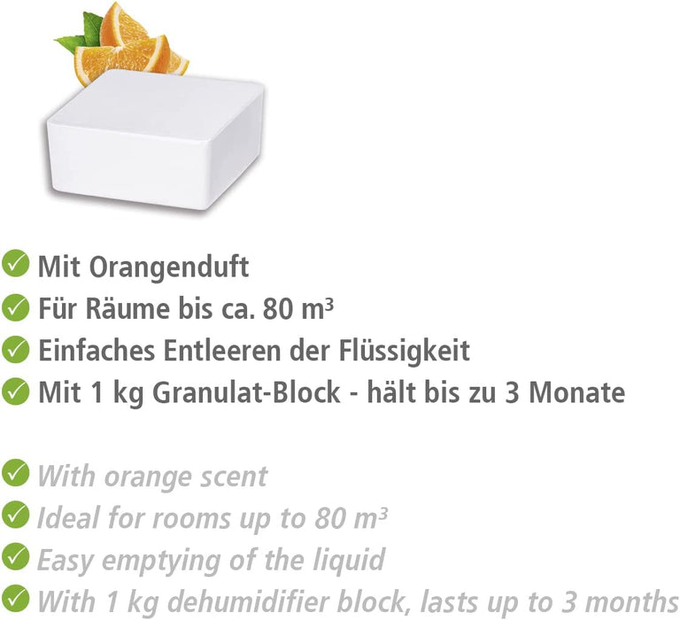 Nachfüller Raumentfeuchter Cube mit Orangenduft, Nachfüllpack für Luftentfeuchter, reduziert Schimmel & Gerüche, 1 kg Granulatblock, sofortige Wirkung bis zu 3 Monate, 12 x 5 x 12 cm, Weiß