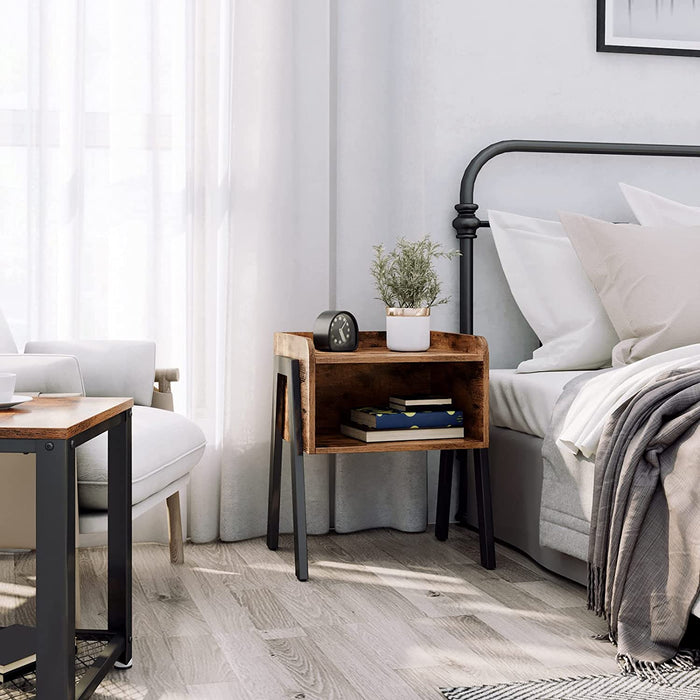 Nachttisch, Beistelltisch, Sofatisch mit Metallrahmen, stapelbar, mit offenem Fach, Industrie-Design, vintagebraun-schwarz