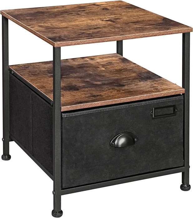 Nachttisch, Nachtkommode, Beistelltisch, zur Aufbewahrung, mit Schublade, 2 Ablagen, Industriestil, für Wohnzimmer, Schlafzimmer, vintagebraun-schwarz