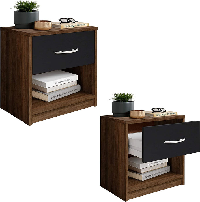 Nachttisch in Columbia Nussbaum Optik, Schwarz - Schlichter Nachtschrank mit einer Schublade passend zu jedem Bett & Schlafzimmer - 39 x 41 x 28 cm