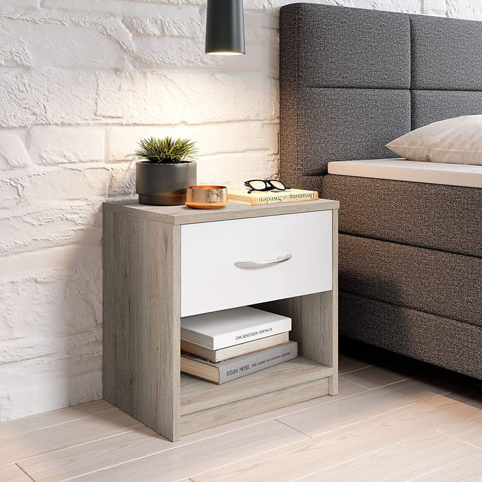 Nachttisch in San Remo Optik, Weiß - Schlichter Nachtschrank mit einer Schublade passend zu jedem Bett & Schlafzimmer - 39 x 41 x 28 cm