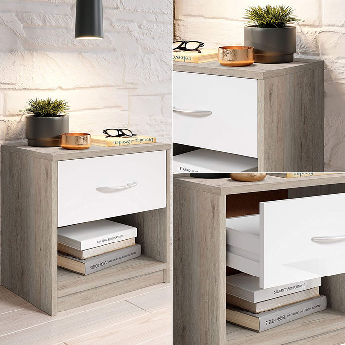 Nachttisch in San Remo Optik, Weiß - Schlichter Nachtschrank mit einer Schublade passend zu jedem Bett & Schlafzimmer - 39 x 41 x 28 cm