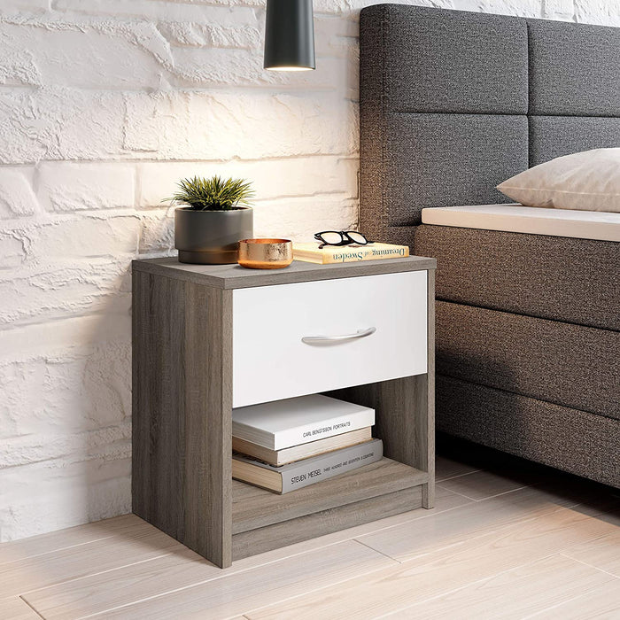 Nachttisch in Trüffel Optik, Weiß - Schlichter Nachtschrank mit einer Schublade passend zu jedem Bett & Schlafzimmer - 39 x 41 x 28 cm