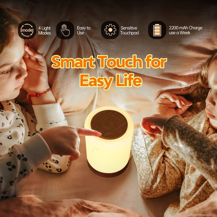 Nachttischlampe, LED Nachttischlampe Touch Dimmbar mit 10 Farben und 4 Modi, Holzmaserung Nachtlicht USB Aufladbar, Tischlampe mit Timing Funktion 