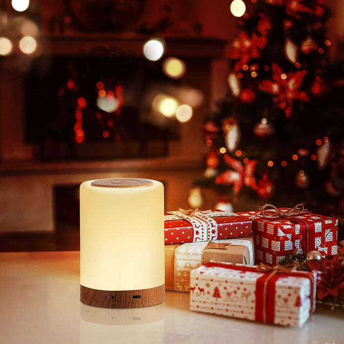 Nachttischlampe, LED Nachttischlampe Touch Dimmbar mit 10 Farben und 4 Modi, Holzmaserung Nachtlicht USB Aufladbar, Tischlampe mit Timing Funktion 