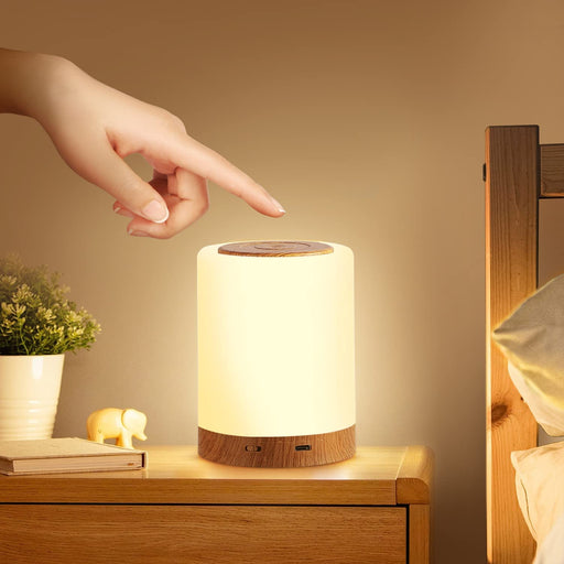 Nachttischlampe, LED Nachttischlampe Touch Dimmbar mit 10 Farben und 4 Modi, Holzmaserung Nachtlicht USB Aufladbar, Tischlampe mit Timing Funktion 