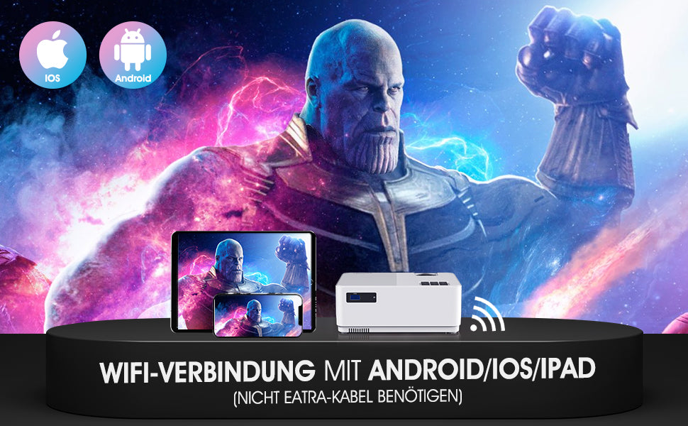  Native 1080P WiFi Beamer, 9000LM Full HD Heimkino-Beamer, 250" Dispaly Video-Beamer mit Keystone-Zoom, Tragbarer Bluetooh Projektor mit Tragetasche