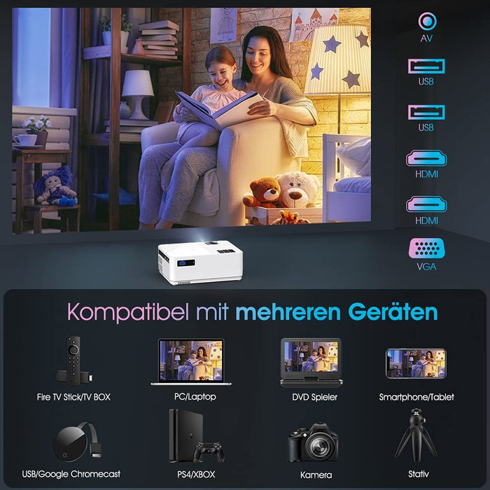  Native 1080P WiFi Beamer, 9000LM Full HD Heimkino-Beamer, 250" Dispaly Video-Beamer mit Keystone-Zoom, Tragbarer Bluetooh Projektor mit Tragetasche