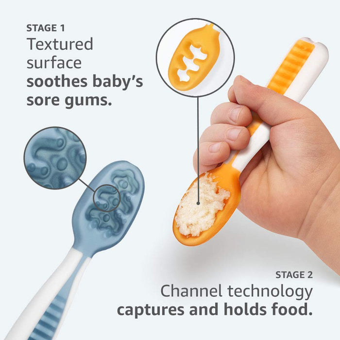 NumNum Lernlöffel für Baby 2er-Baby-Set, Silikon-Löffel, Phase 1 + 2 beste Baby-Löffel empfohlen von BLW-Experten (Baby Led Weaning) Blau/Orange