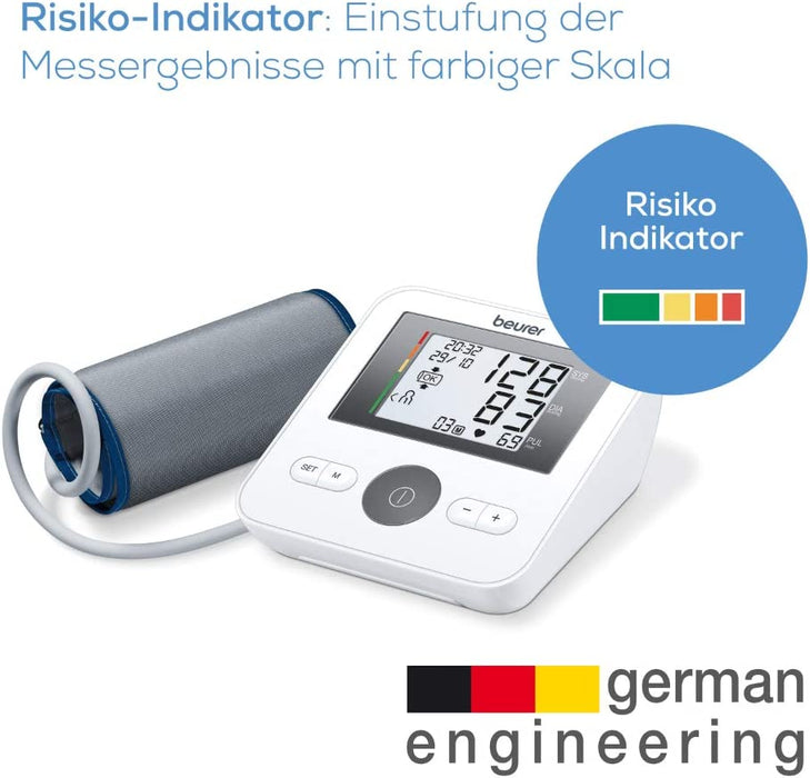 Oberarm-Blutdruckmessgerät mit Manschettensitzkontrolle, für Oberarmumfänge von 22-42 cm, Risikoindikator, Arrhythmie-Erkennung
