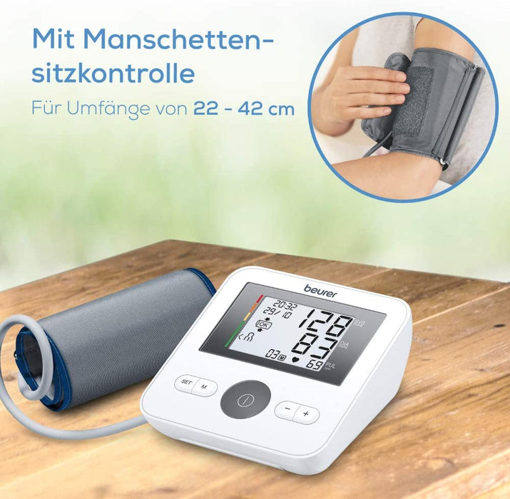 Oberarm-Blutdruckmessgerät mit Manschettensitzkontrolle, für Oberarmumfänge von 22-42 cm, Risikoindikator, Arrhythmie-Erkennung