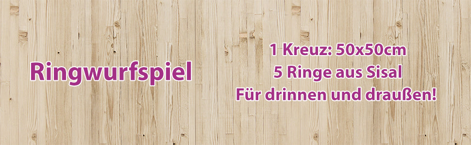 Outdoor Ringwurfspiel - 50x50cm mit 5 Wurfringen, 1 Kreuz, 9 Spielstäben, aus Kiefernholz