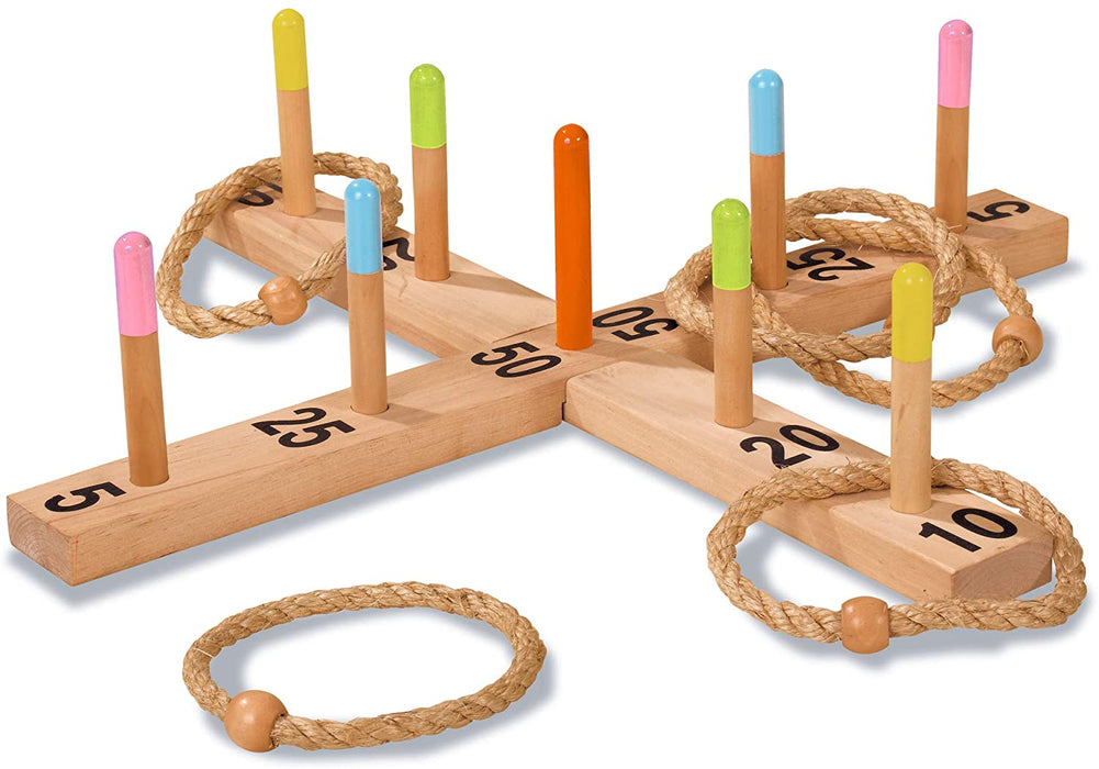 Outdoor Ringwurfspiel - 50x50cm mit 5 Wurfringen, 1 Kreuz, 9 Spielstäben, aus Kiefernholz