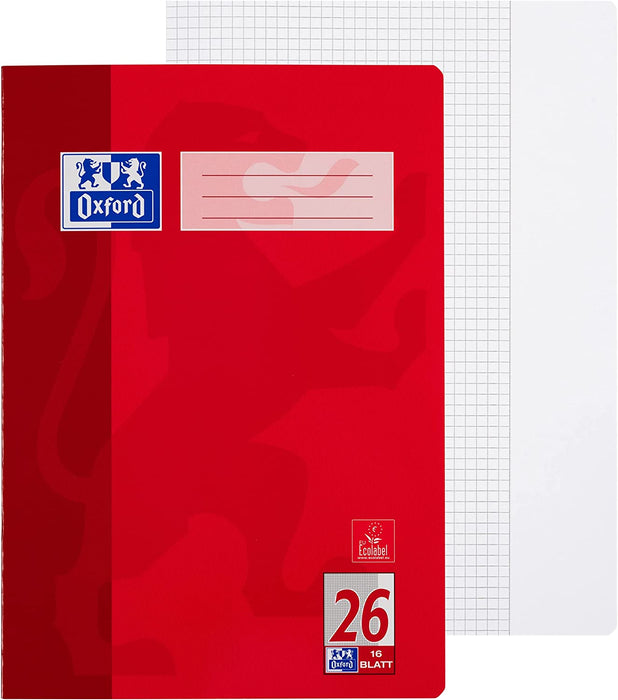 Oxford Schulheft A4, kariert, mit weißem Rand, 16 Blatt, rot, 15 Stück