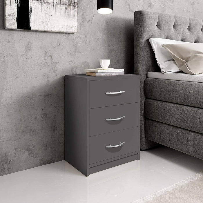 PEPE Nachttisch Graphit - Schlichter Nachtschrank mit drei Schubladen passend zu jedem Bett & Schlafzimmer - 39 x 54 x 28 cm