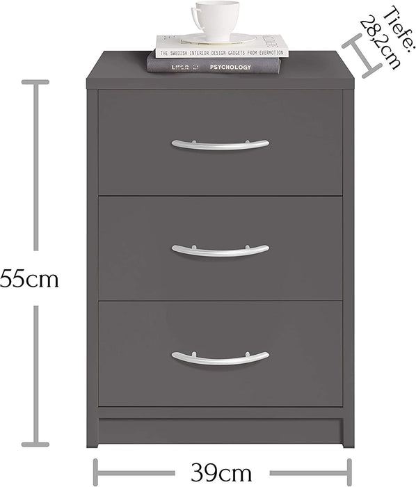 PEPE Nachttisch Graphit - Schlichter Nachtschrank mit drei Schubladen passend zu jedem Bett & Schlafzimmer - 39 x 54 x 28 cm