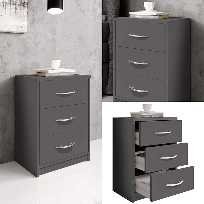 PEPE Nachttisch Graphit - Schlichter Nachtschrank mit drei Schubladen passend zu jedem Bett & Schlafzimmer - 39 x 54 x 28 cm