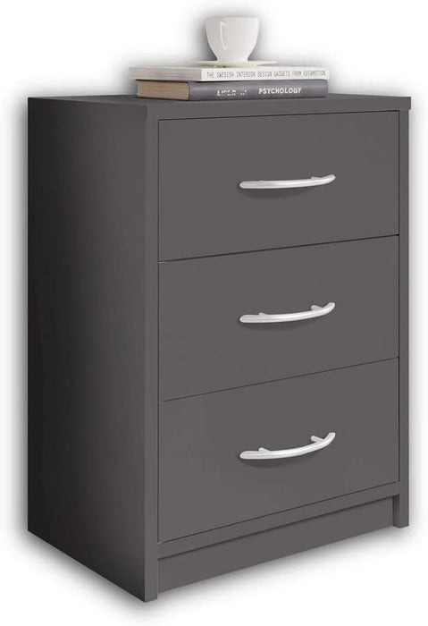 PEPE Nachttisch Graphit - Schlichter Nachtschrank mit drei Schubladen passend zu jedem Bett & Schlafzimmer - 39 x 54 x 28 cm