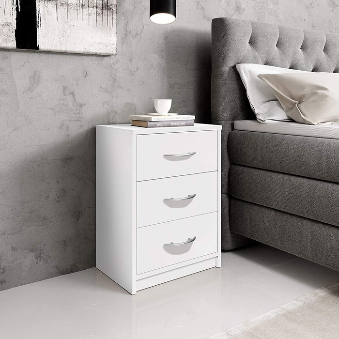 PEPE Nachttisch Weiß - Schlichter Nachtschrank mit drei Schubladen passend zu jedem Bett & Schlafzimmer - 39 x 54 x 28 cm 