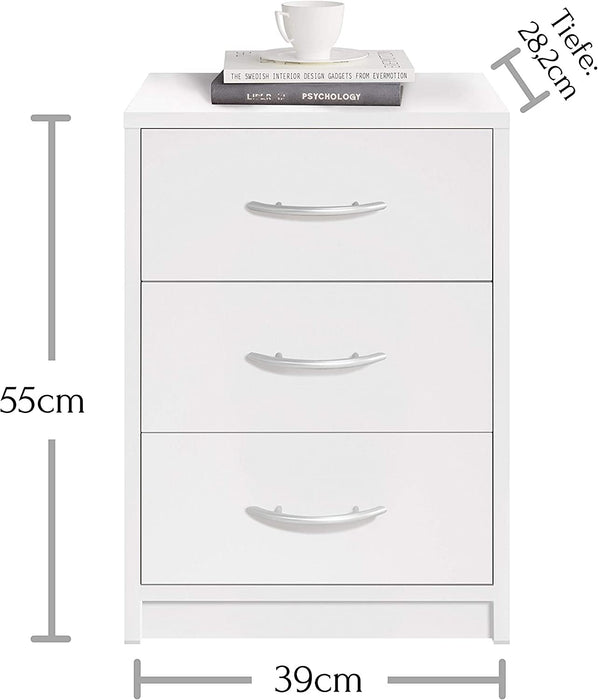PEPE Nachttisch Weiß - Schlichter Nachtschrank mit drei Schubladen passend zu jedem Bett & Schlafzimmer - 39 x 54 x 28 cm 