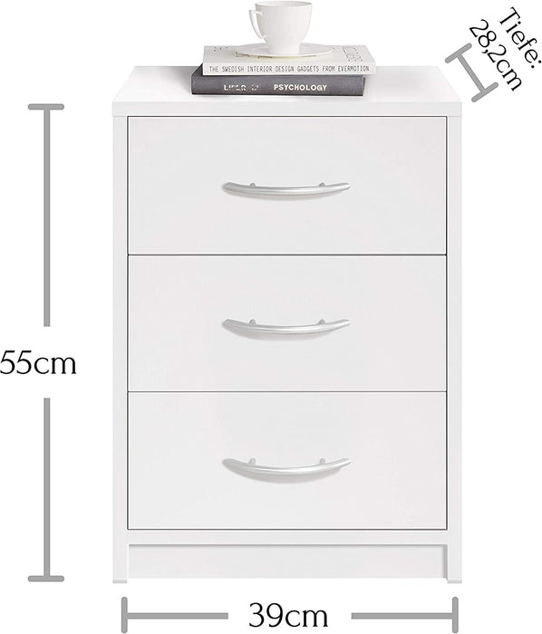 PEPE Nachttisch Weiß - Schlichter Nachtschrank mit drei Schubladen passend zu jedem Bett & Schlafzimmer - 39 x 54 x 28 cm 