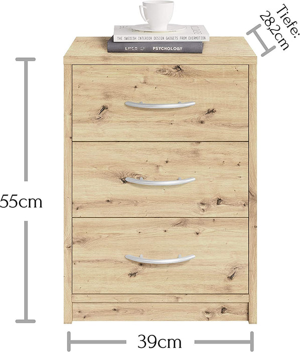PEPE Nachttisch in Artisan Eiche Optik - Schlichter Nachtschrank mit drei Schubladen passend zu jedem Bett & Schlafzimmer - 39 x 54 x 28 cm 