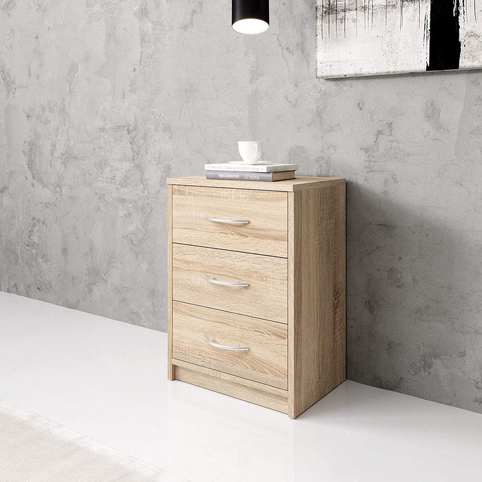 PEPE Nachttisch in Eiche Sonoma Optik - Schlichter Nachtschrank mit drei Schubladen passend zu jedem Bett & Schlafzimmer - 39 x 54 x 28 cm