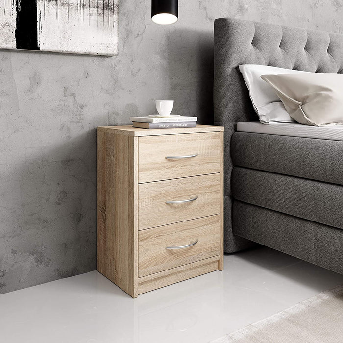 PEPE Nachttisch in Eiche Sonoma Optik - Schlichter Nachtschrank mit drei Schubladen passend zu jedem Bett & Schlafzimmer - 39 x 54 x 28 cm