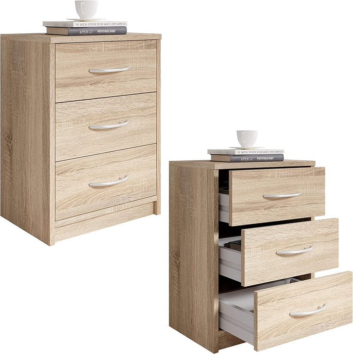 PEPE Nachttisch in Eiche Sonoma Optik - Schlichter Nachtschrank mit drei Schubladen passend zu jedem Bett & Schlafzimmer - 39 x 54 x 28 cm