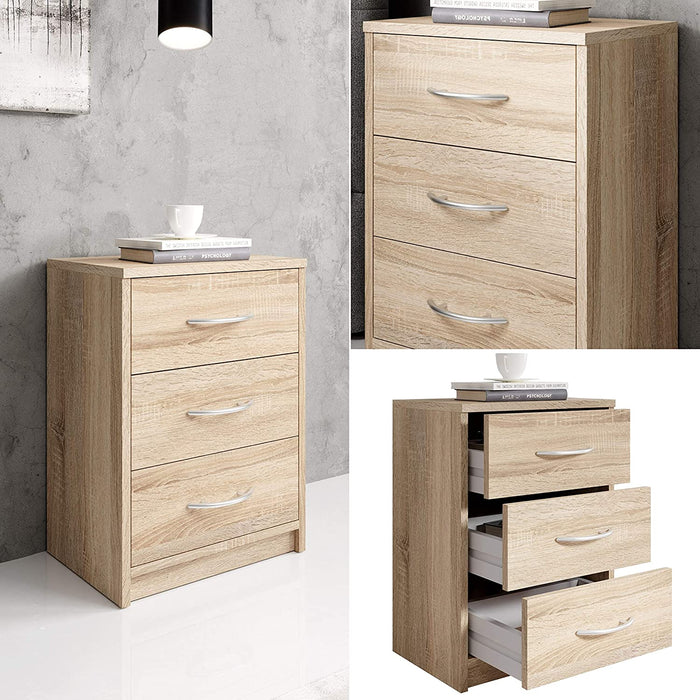 PEPE Nachttisch in Eiche Sonoma Optik - Schlichter Nachtschrank mit drei Schubladen passend zu jedem Bett & Schlafzimmer - 39 x 54 x 28 cm