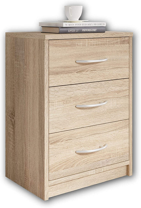 PEPE Nachttisch in Eiche Sonoma Optik - Schlichter Nachtschrank mit drei Schubladen passend zu jedem Bett & Schlafzimmer - 39 x 54 x 28 cm