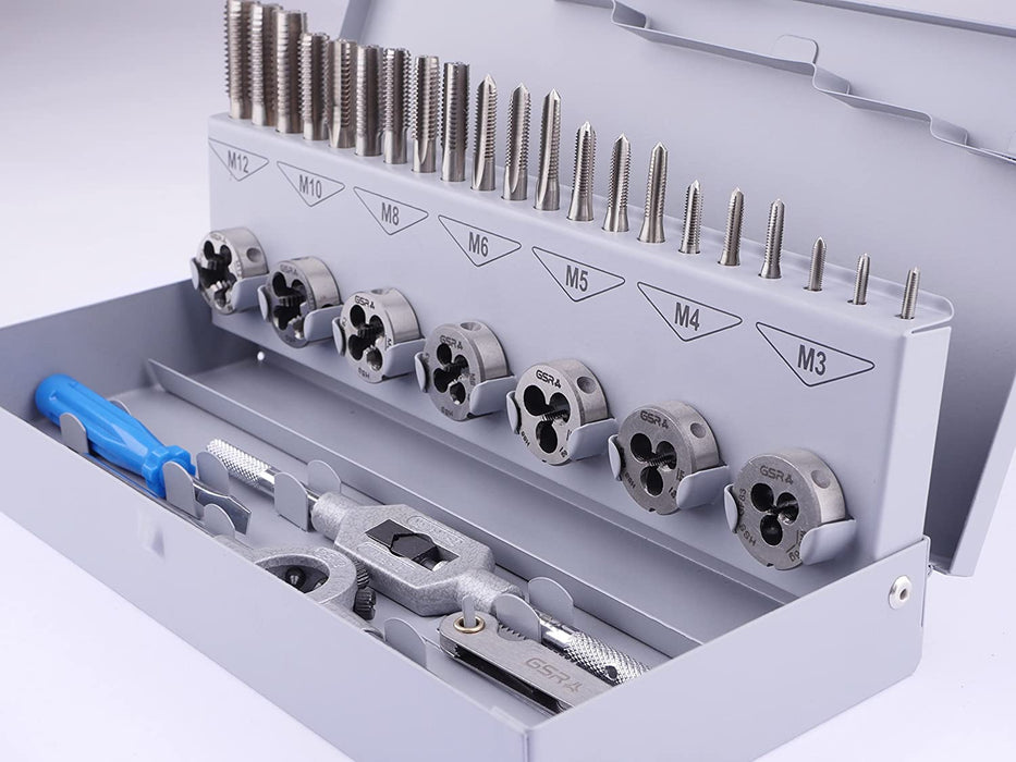 PROFI 32 teilig Gewindeschneider Set metrisch M3 bis M12 HSSG | Handgewindebohrer, Gewindeschneider, Schneideisen, verstellbares Windeisen