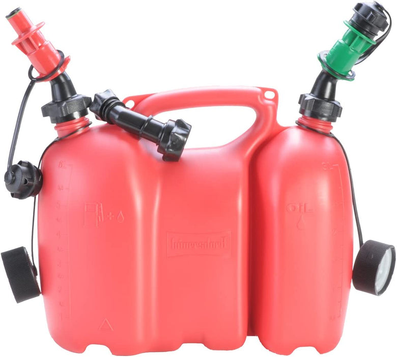 Doppelkanister / Kombikanister für Kraftstoff und Öl mit Satteltasche und zwei Einfüllsystemen, 6 + 3 Liter, UN-Zulassung, Made in Germany, Rot