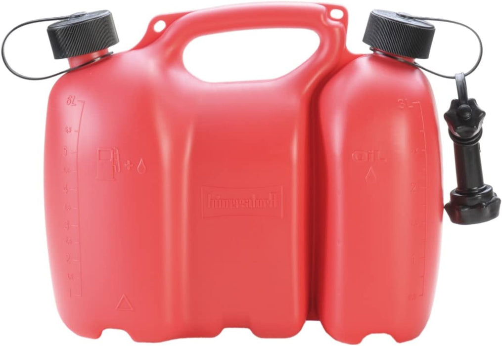 Doppelkanister / Kombikanister für Kraftstoff und Öl mit Satteltasche und zwei Einfüllsystemen, 6 + 3 Liter, UN-Zulassung, Made in Germany, Rot