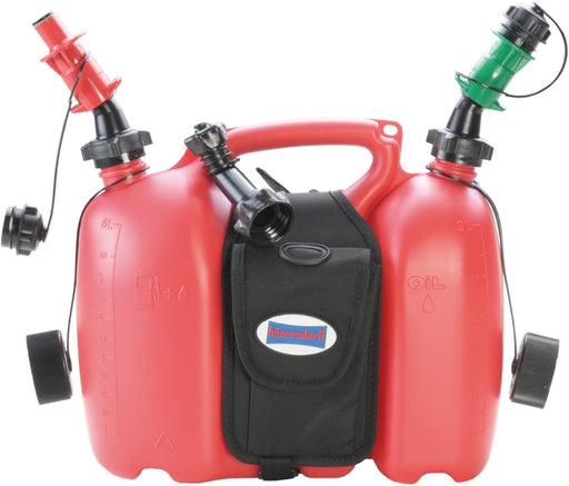 Doppelkanister / Kombikanister für Kraftstoff und Öl mit Satteltasche und zwei Einfüllsystemen, 6 + 3 Liter, UN-Zulassung, Made in Germany, Rot