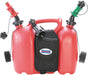 Doppelkanister / Kombikanister für Kraftstoff und Öl mit Satteltasche und zwei Einfüllsystemen, 6 + 3 Liter, UN-Zulassung, Made in Germany, Rot