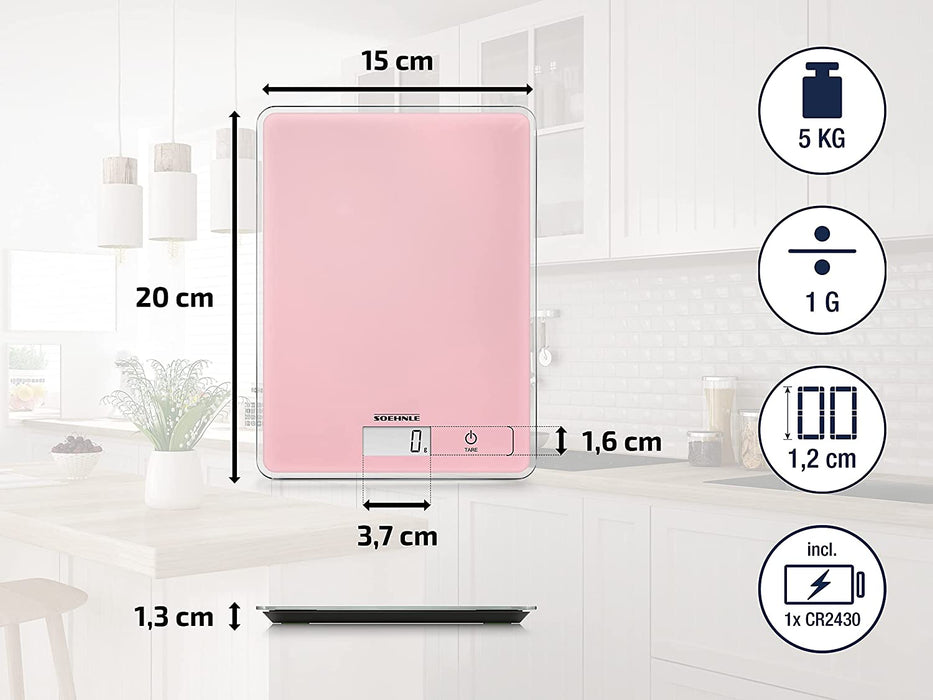 Page Compact 300 Delicate Rosé, digitale Küchenwaage, Gewicht bis zu 5 kg (1-g-genau), Haushaltswaage mit patentierter Sensor-Touch-Funktion