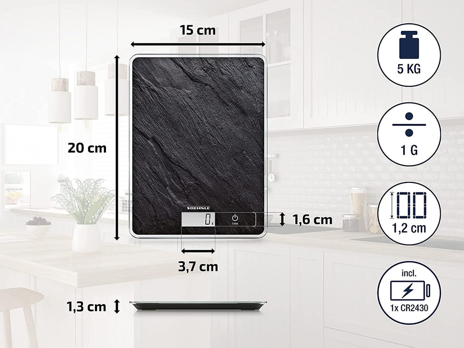 Page Compact 300 Slate, digitale Küchenwaage mit Schiefermuster, Gewicht bis zu 5 kg, Haushaltswaage mit patentierter Sensor-Touch-Funktion