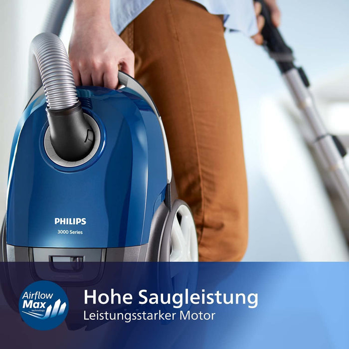 Philips Domestic Appliances Performer Kompaktstaubsauger mit Beutel Serie 3000, 99,9% Staubaufnahme, 900 W, Allergiefilter, Blau, 3 Liter