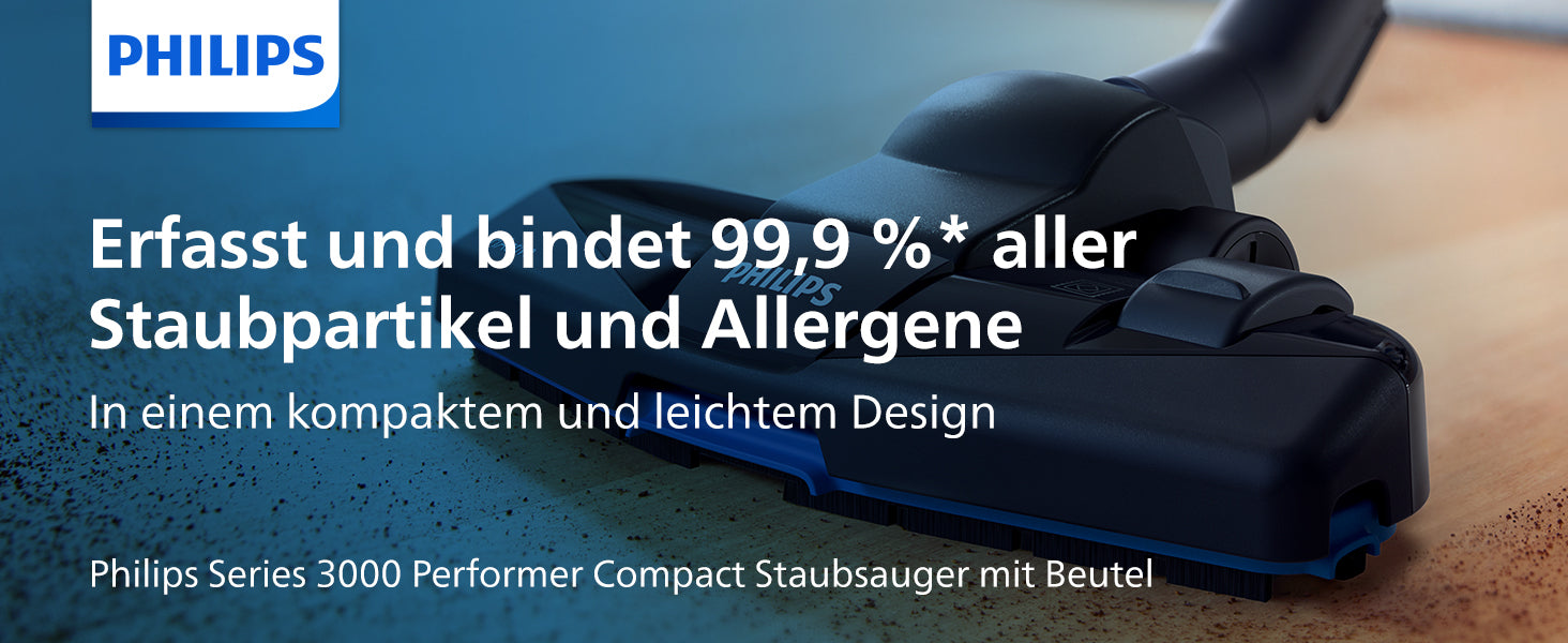 Philips Domestic Appliances Performer Kompaktstaubsauger mit Beutel Serie 3000, 99,9% Staubaufnahme, 900 W, Allergiefilter, Blau, 3 Liter
