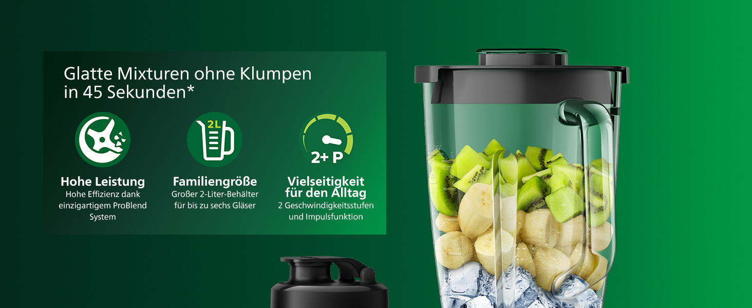Philips Standmixer und Smoothie Maker – 600W, 2-Liter-Becher, Rezepte-App, 2 Geschwindigkeitsstufen + Impulsfunktion, ProBlend, Ice-Crush-Funktion