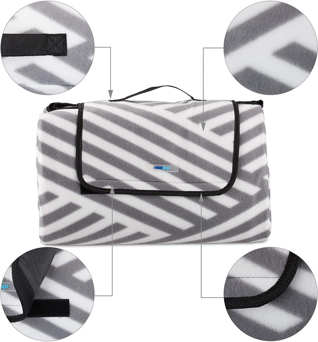 Picknickdecke XXL, 200 x 200 cm, wärmeisoliert, Faltbare Stranddecke, wasserdicht, mit Tragegriff, grau-weiß